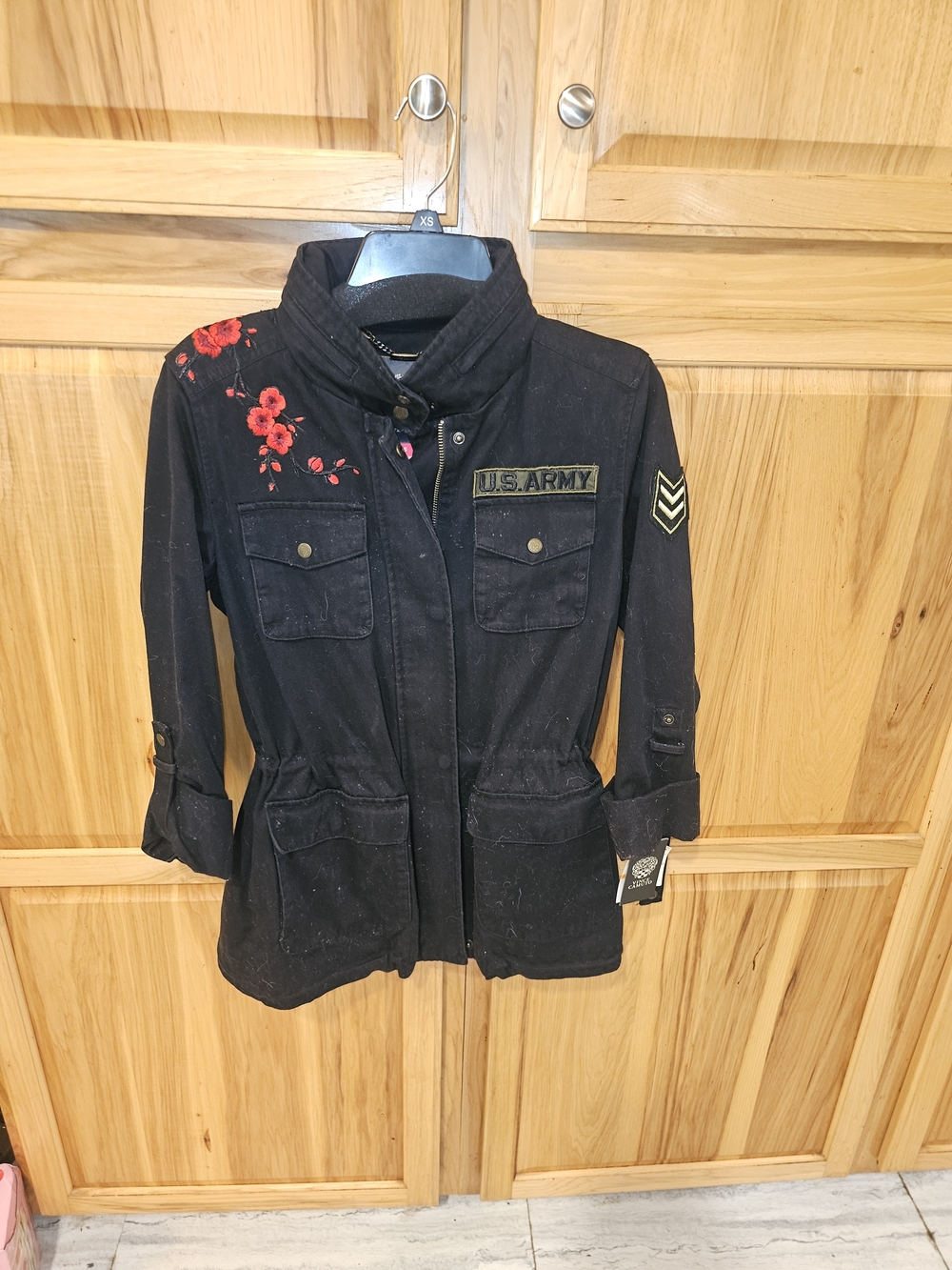 Vince Camuto Black Utility Jacket with Red Floral Embroidery